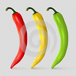 Vector realistic red, yellow and green hot natural chili pepper icon set closeup