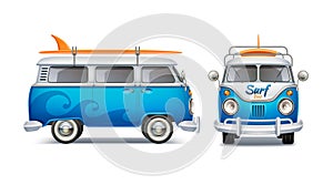 Vector realistic retro blue bus with surfboard