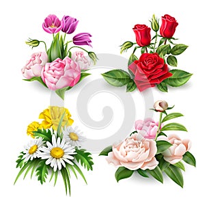 Vector realistic rose tulip daisy peony bouquet