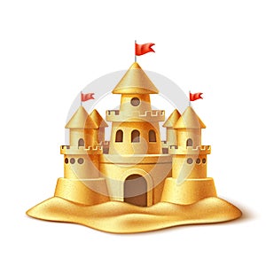 Vector realistic sand castle, fort fortress towers