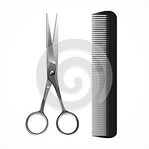 Vector Realistic Scissors and Comb, on white