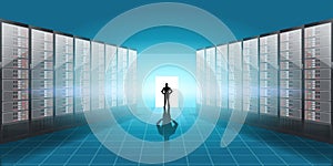 Vector Realistic Server room illustration, man silhouette in the door with light and shadow effect.