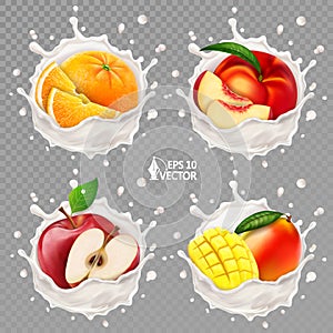 Vector realistic set of ripe tropical fruits in fresh milk or yogurt splash with drops. Peach, mango, orange milkshake. 3d food