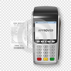 Vector Realistic Silver 3d Payment Machine. POS Terminal with Receipt Closeup Isolated. Design Template of Bank Payment photo