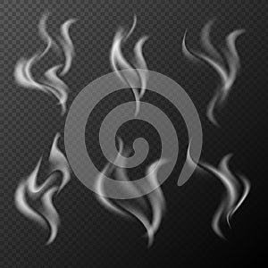 Vector realistic smoke or steam set isolated on dark transparent background. Detailed 3d white smoke steam, waves from coffee, tea