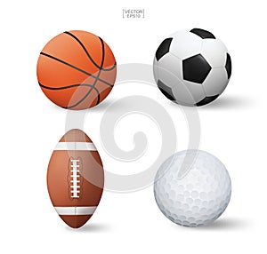 Vector realistic sports ball set. Basketball, Soccer football, American football and golf ball.