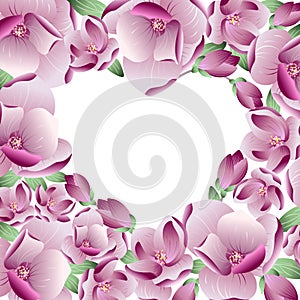 Vector realistic spring frame background with gentle heart love from magnolia flowers and petals and place for your text