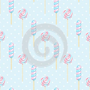 Vector realistic striped swirl lollipops seamless pattern. Three-dimensional spiral colorful glossy candies on sticks