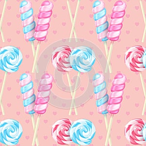 Vector realistic striped swirl lollipops seamless pattern. Three-dimensional spiral colorful glossy candies on sticks