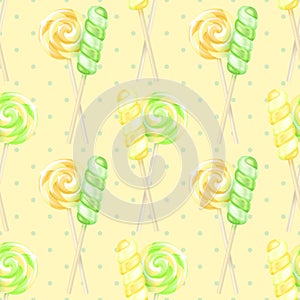 Vector realistic striped swirl lollipops seamless pattern. Three-dimensional spiral colorful glossy candies on sticks