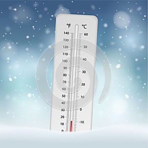Vector realistic thermometer showing freezing temperature in snow with blue blurred background
