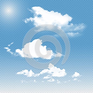 Vector realistic transparent clouds on sky background. Set of different fluffy gradient mesh