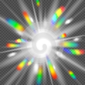 Vector Realistic Transparent Radiance with Bright Rainbow Rays. Radiant Colorful Bokeh Effect