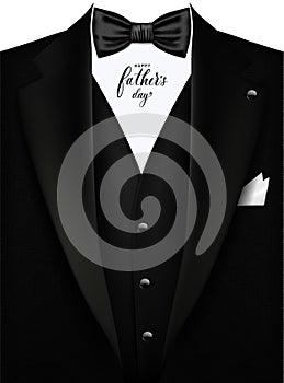 Vector realistic tuxedo background with bow. Black men's suit, tuxedo with vest. Illustration of male symbols for an