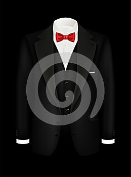 Vector realistic tuxedo background with bow. Black men's suit, tuxedo with vest and white shirt. Illustration design