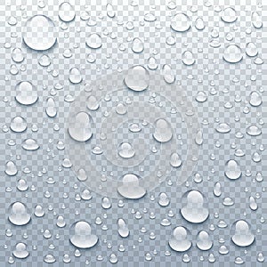 Vector realistic water drops on transparent background. Rain drops without shadows for transparent surface. Many forms and sizes.
