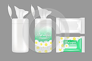 Vector realistic wet wipes packaging mockup set photo