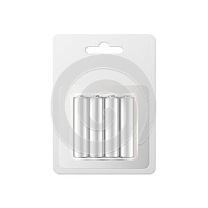 Vector realistic white alkaline AA batteries in blister packed icon set. Design template for branding, mockup. Closeup
