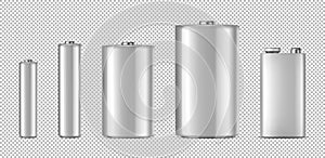 Vector realistic white alkaline batteriy icon set. Diffrent size - AAA, AA, C, D, PP3. Design template for branding