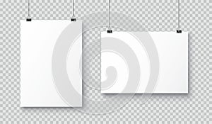 Vector realistic white blank A4 paper poster hanging on a rope with clip - stock vector