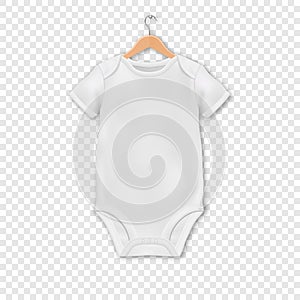 Vector Realistic White Blank Baby Bodysuit Template, Mock-up Hanging on a Hanger Closeup Isolated on Transparent