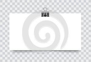 Vector realistic white blank paper poster hanging on a rope with clip - stock vector