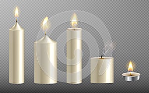 Vector realistic white candle set with fire isolated on transparent background. Different shape candles collection with flame