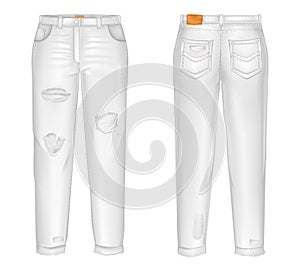 Vector realistic white jeans with rips, gaps. Unisex trousers isolated on white background. Casual pants 3d illustration