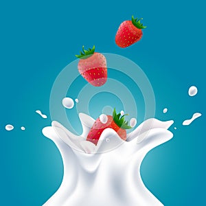 Vector realistic white milk splashes with red strawberries