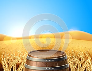 Vector realistic wooden keg barrel on wheat field