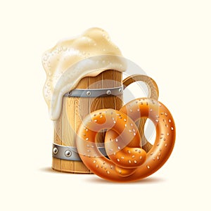 Vector realistic wooden mug with froth and pretzel