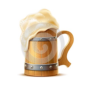 Vector realistic wooden mug with froth and pretzel