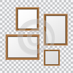 Vector realistic wooden picture frames set isolated on transparent background