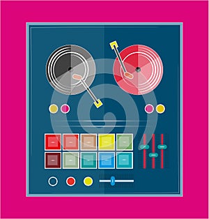 Vector Record and Mixing Deck on a bright pink background