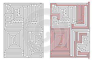 Vector rectangular labyrinth with entry and exit. Difficulty level - hard. Maze with solution - red passing route. Children logic