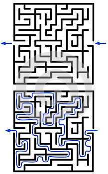 Vector rectangular labyrinth with entry and exit. Difficulty level - medium. Maze inside cave flat view from top