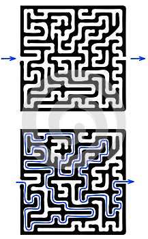 Vector rectangular labyrinth with entry and exit. Difficulty level - medium. Maze inside cave flat view from top