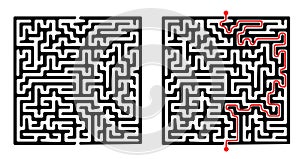 Vector rectangular labyrinth with red passing route. Difficulty level - easy. Maze in a shape of mole hole inside the