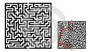 Vector rectangular labyrinth with red passing route. Difficulty level - easy. Maze in a shape of mole hole inside the