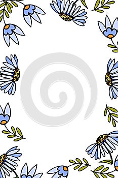 Vector rectangular spring floral frame with flowers daisies and a snowdrop bell. Greeting card, blank for banner background with