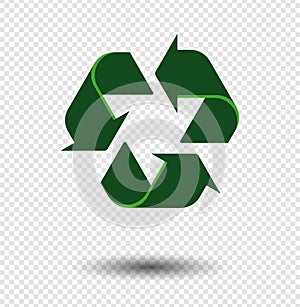 Vector Recycling sign. Green icon on transparent background with shadow.