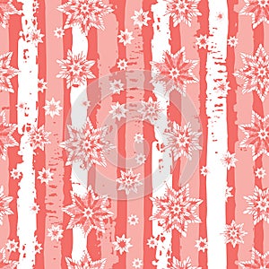 Vector red abstract snowflake stars seamless background 03 with vertical stripes. Suitable for textile, gift wrap and