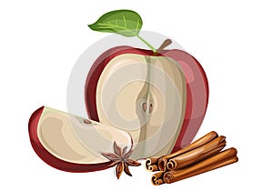 Vector red apple with cinnamon and bayan, cut still life collection, sliced natural apple with green leaf and stem isolated on