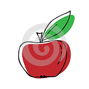Vector red apple with green leaf in the style of colored doodle