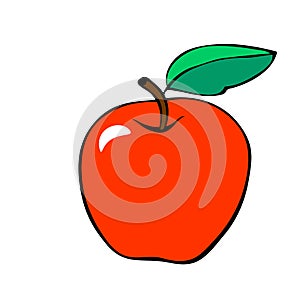 Vector red apple with leaf in flat doodle style. Hand drawn isolated fruit. Clipart, symbol of harvest, summer, autumn, garden,