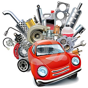 Vector Red Automobile with Car Spares