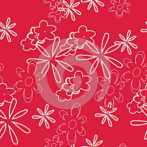 Vector red background white outlines daisy chamomile flowers pattern, seamless pattern background.