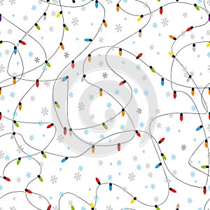 Vector red and blue Christmas lights garland on white background seamless pattern