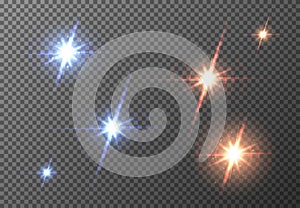 Vector red blue sun lens flare transparent background special light effect. Abstract blur glow glare design. Star rays spotlight.