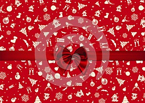 Vector - Red Bow over red Christmas wrapping paper. Christmas card. Happy New Year card